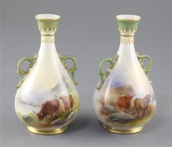 Harry Stinton for Royal Worcester. A pair of two handled bottle vases, c.1909, height 15cm